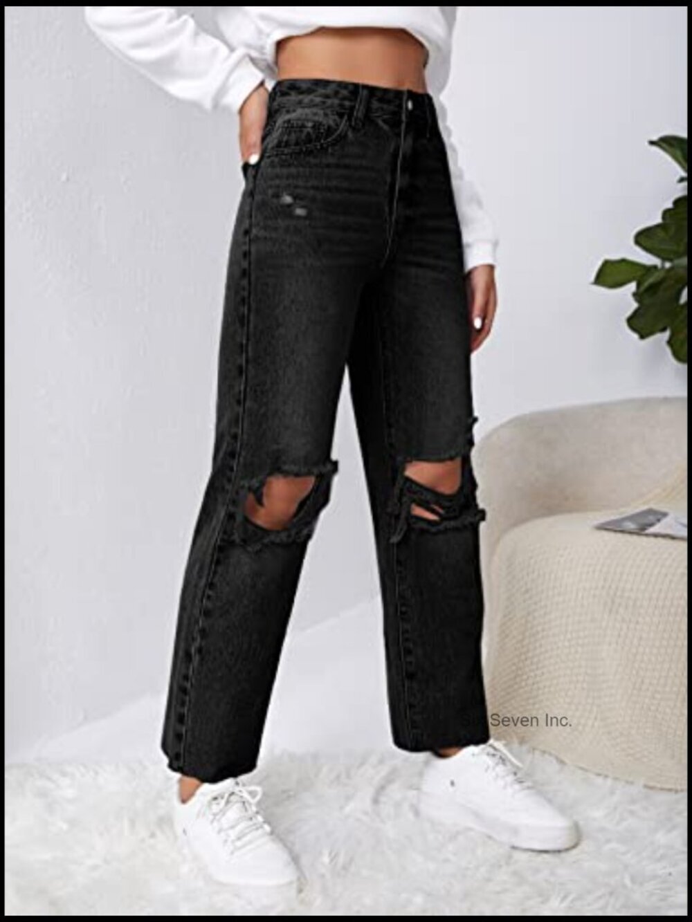 High Rise Ripped Distressed Cropped Straight Leg Jeans - Picture 5 of 6